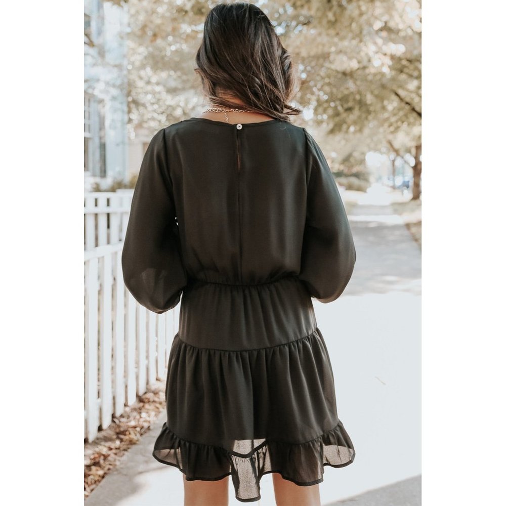 Black Tiered Ruffle Balloon Sleeve Dress - Picture 2 of 5